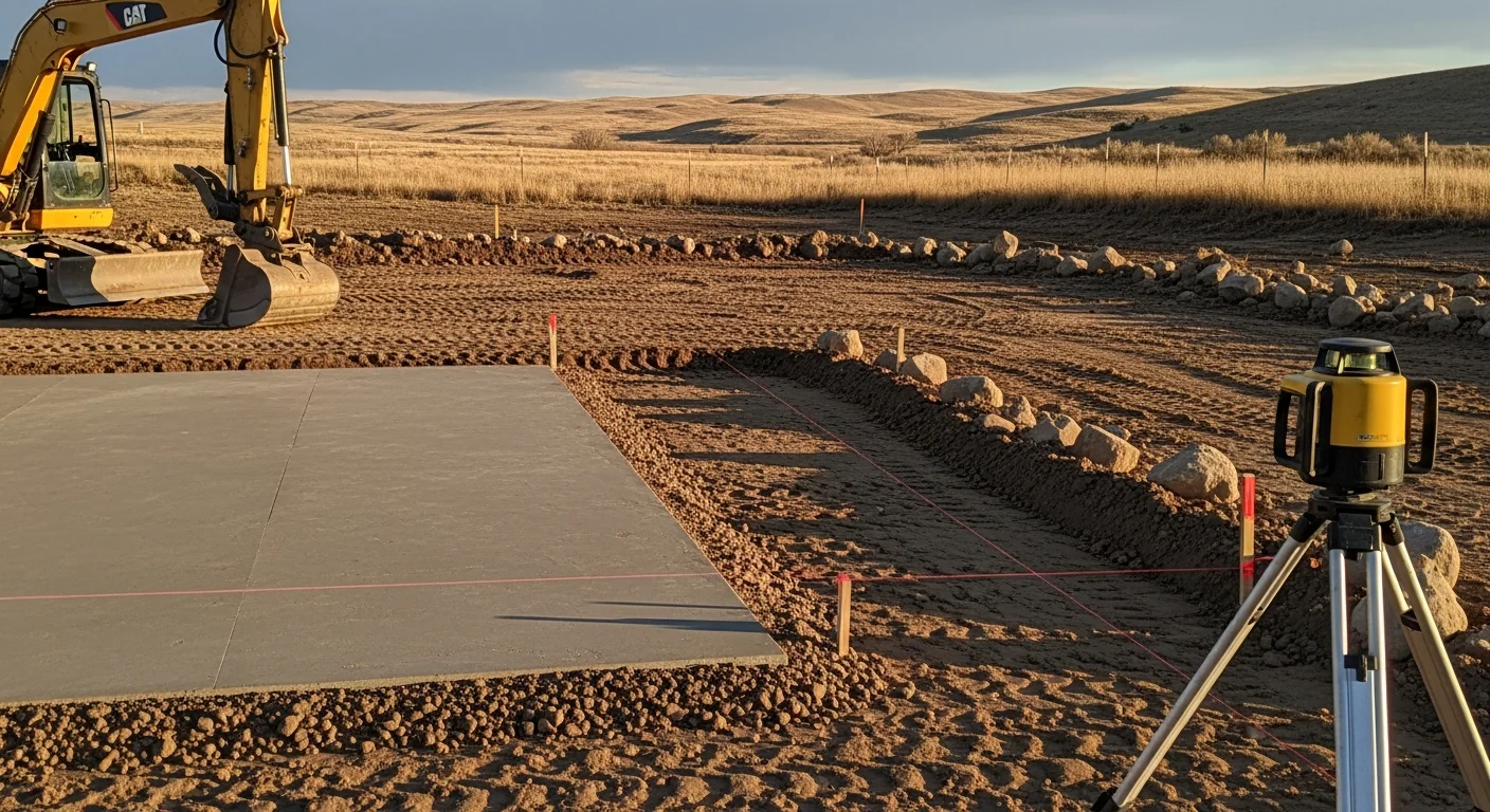 A freshly graded and compacted building pad on a rural Fremont County, Wyoming property, with level soil surface and cleared surroundings ready for foundation work. Open high-desert terrain and sagebrush visible in the background.