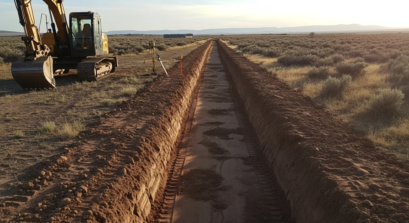 A freshly cut drainage ditch running along the edge of a rural property in Fremont County, Wyoming, with graded soil slopes and cleared edges ready for seasonal runoff. An excavator is visible in the background on open Fremont County terrain.