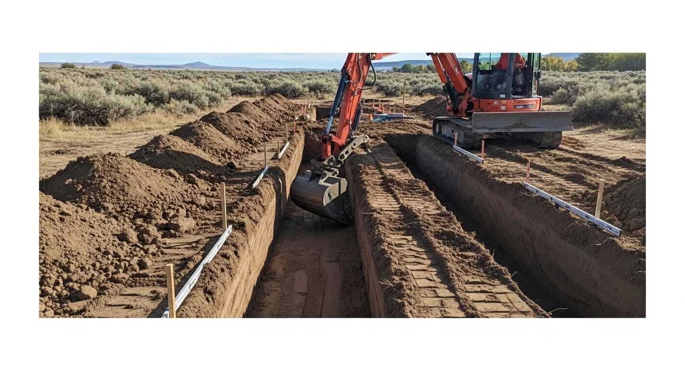 Excavated drain field trenches on a rural Fremont County, Wyoming property, showing graded soil and prepared leachfield layout. A tracked excavator sits alongside the open trenches on a flat, clay-soil lot under a clear Wyoming sky.