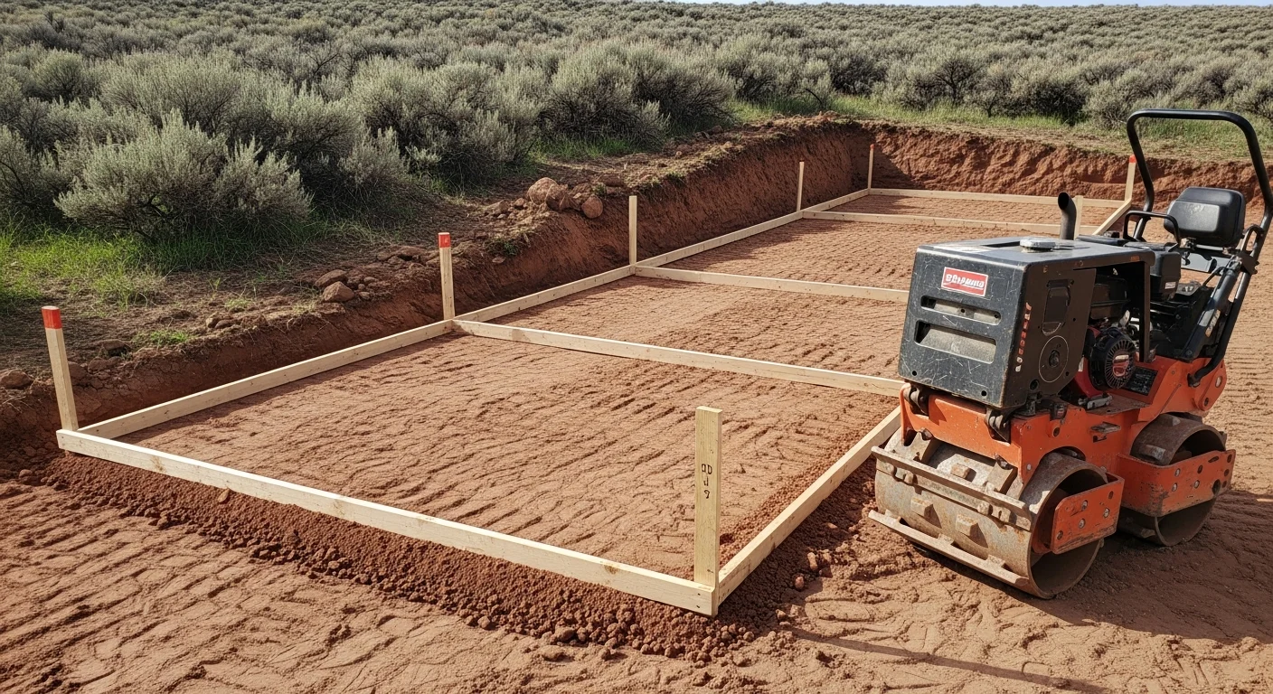 Freshly constructed residential driveway on a spacious Fremont County, Wyoming property, showing a compacted and graded surface with clear drainage slope away from the home. Wide-open high desert terrain and a single-family home visible in the background.