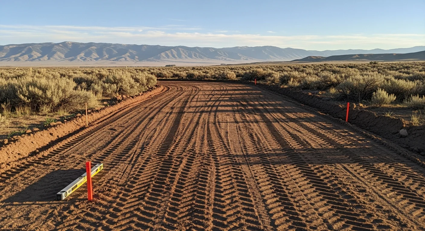 A freshly graded gravel driveway on a rural Fremont County, Wyoming property, showing a smooth, compacted surface with a visible crown slope for water drainage. Dry high-desert terrain and open sky appear in the background.