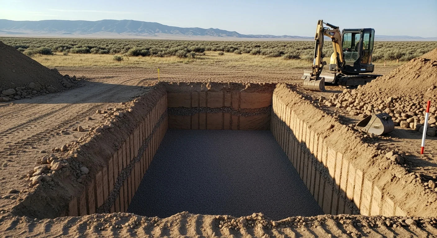 A foundation excavation in progress on a Fremont County, Wyoming property, showing a deep rectangular cut in dry, rocky high-desert soil with spoil piles staged to the side. The Owl Creek Mountain range is visible in the background under a clear Wyoming sky.