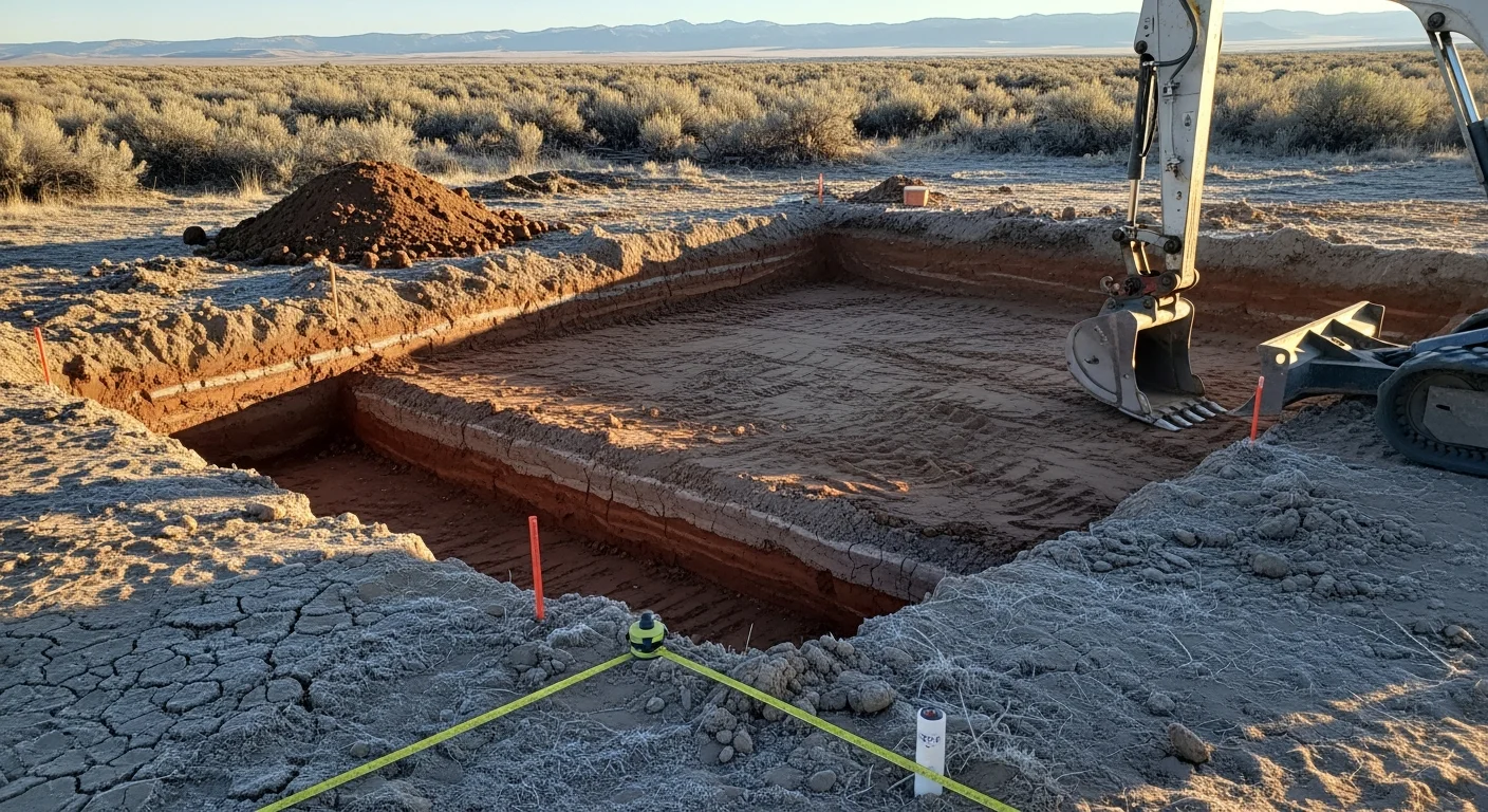 A tracked excavator digging a deep foundation trench on a flat rural lot in Fremont County, Wyoming, with exposed clay soil walls and the high desert landscape visible in the background. The site is cleared of brush and graded level in preparation for residential construction.