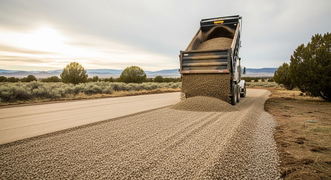 A freshly graded gravel driveway on a residential property in Fremont County, Wyoming, with angular crushed stone spread evenly across the surface. The surrounding landscape shows open high-desert terrain typical of Fremont County.