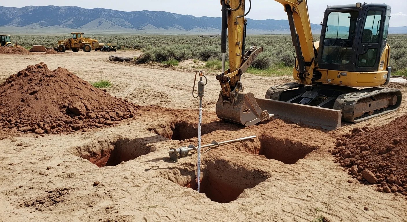 Excavator digging a leachfield trench on a rural Fremont County, Wyoming property with dry sagebrush terrain and open sky in the background. Freshly cut soil walls show the clay and mixed-soil profile typical of Fremont County septic excavation sites.