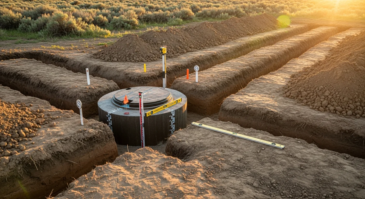 Freshly excavated septic system trench on a rural Fremont County, Wyoming property, showing leachfield layout and exposed native soil layers. A compact excavator sits beside the open trench on a flat, sagebrush-edged lot under a clear Wyoming sky.