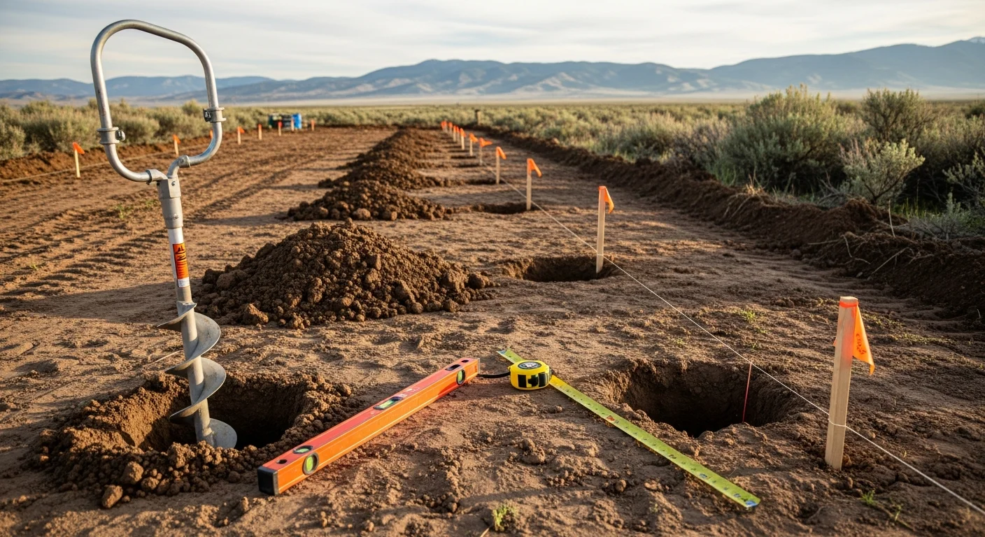Excavator digging percolation test holes on a rural Fremont County, Wyoming property during septic system site preparation. Open terrain with clay soil exposed, leachfield area staked and marked for Fremont County inspection.
