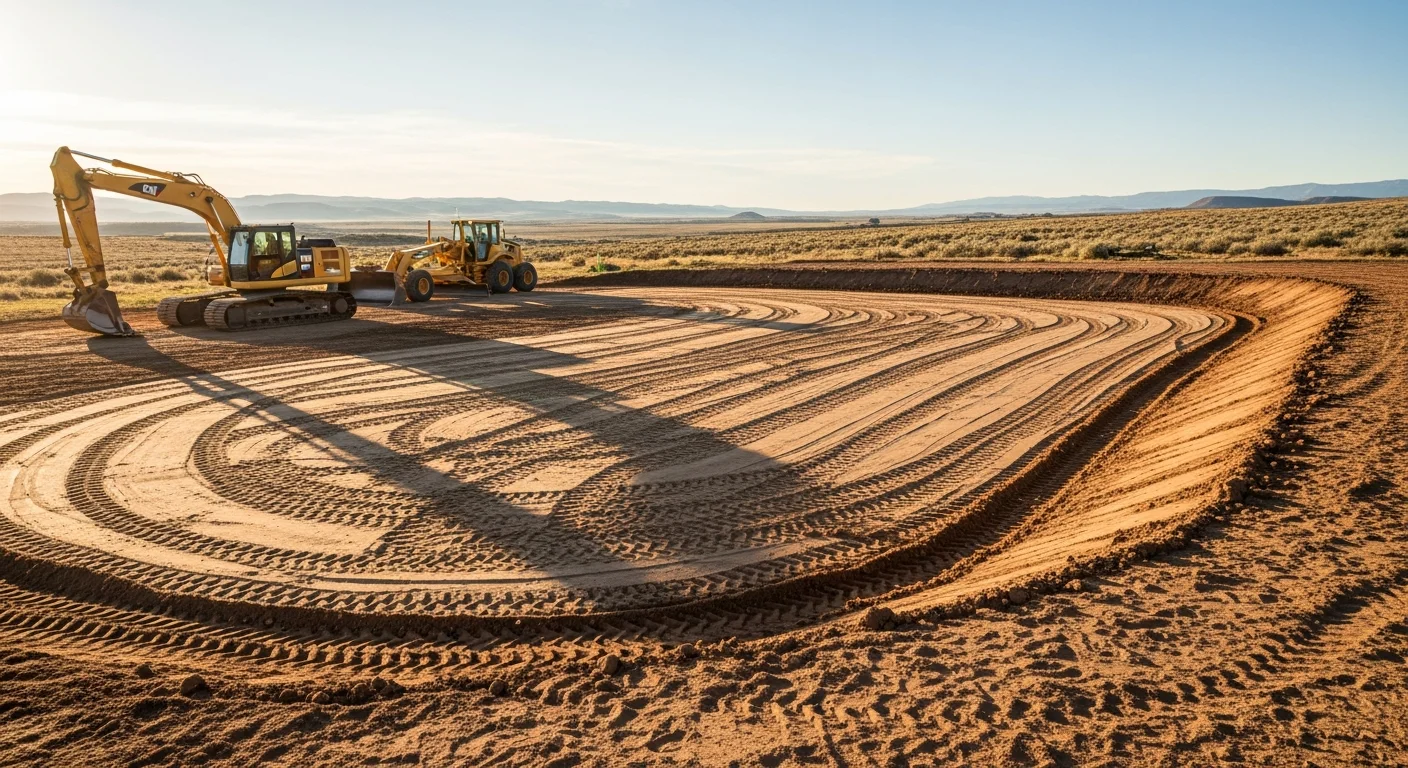 A tracked excavator grading a flat building pad on a rural Fremont County, Wyoming property with open high-desert terrain visible in the background. Freshly compacted soil shows a smooth, level surface ready for foundation work.