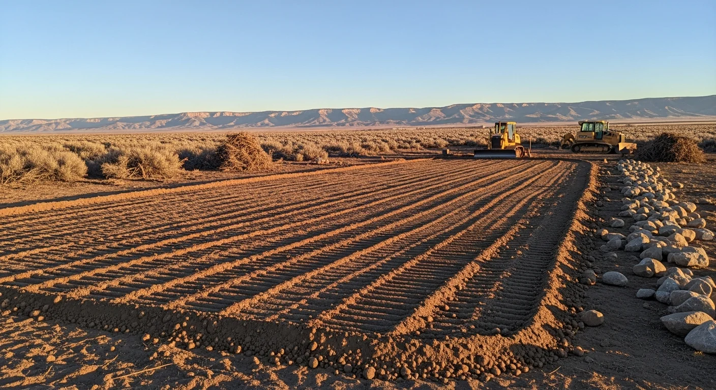 A cleared and graded building pad on a Fremont County, Wyoming property with level ground ready for foundation work. Dry high desert terrain and open sky visible in the background.
